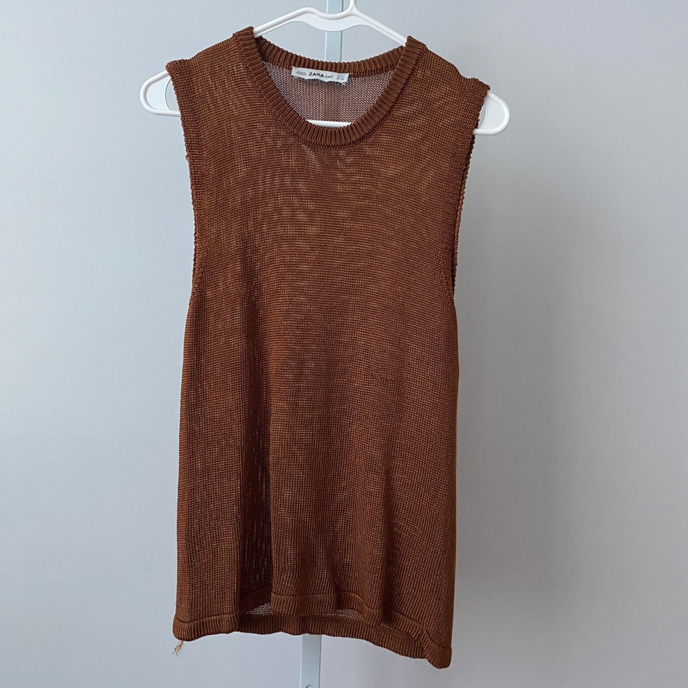 Zara Boho Relaxed Earth Colors Lagenlook Sleeveless Knit Top Small Brown